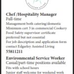 Job Opportunities – Environmental Service Workers & Chef/Hospitality Manager