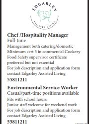 Job Opportunities – Environmental Service Workers & Chef/Hospitality Manager